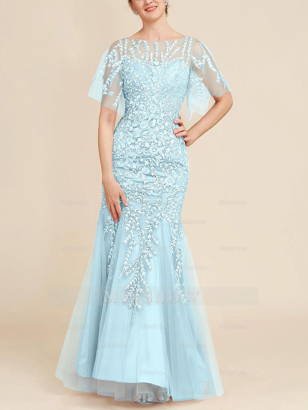 Floor-Length Mother of the Bride Lace Dresses with Trumpet/Mermaid Scoop Half Sleeves