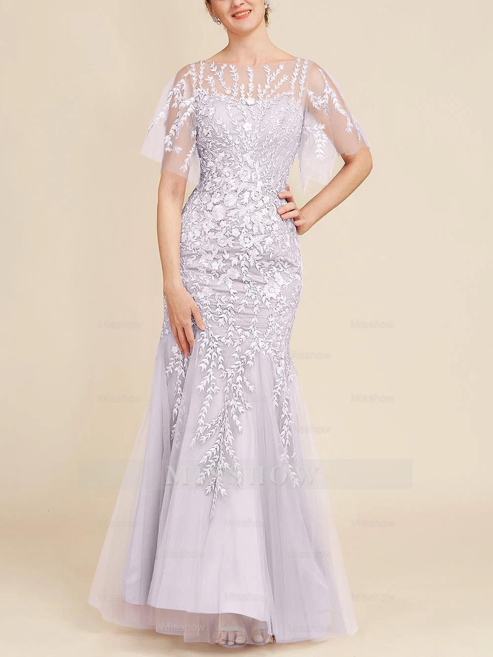 Floor-Length Mother of the Bride Lace Dresses with Trumpet/Mermaid Scoop Half Sleeves
