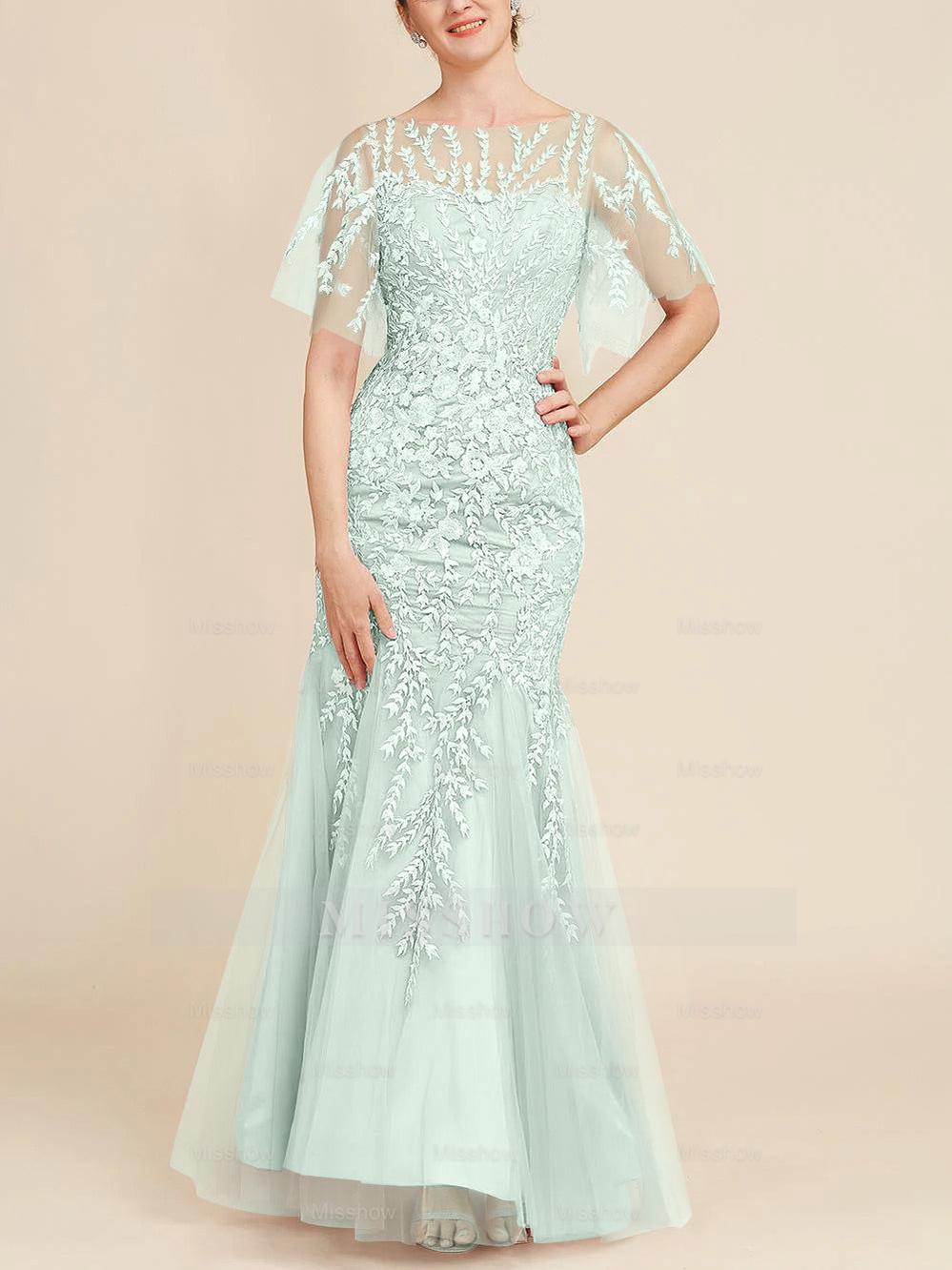 Floor-Length Mother of the Bride Lace Dresses with Trumpet/Mermaid Scoop Half Sleeves