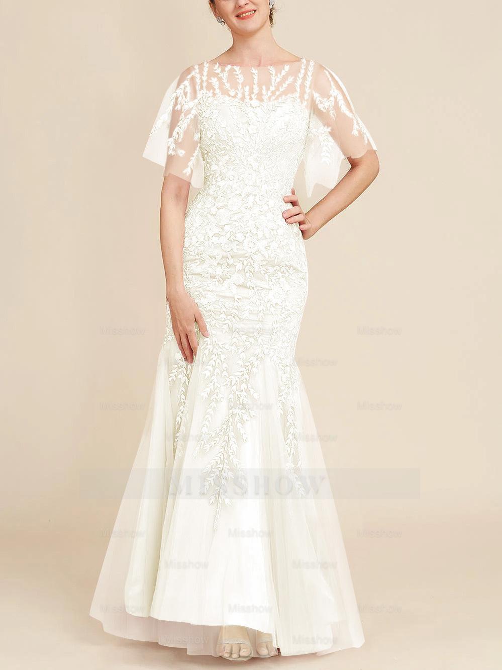 Floor-Length Mother of the Bride Lace Dresses with Trumpet/Mermaid Scoop Half Sleeves