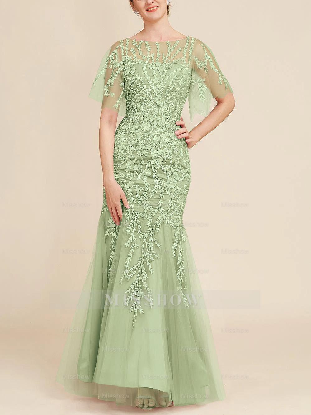Floor-Length Mother of the Bride Lace Dresses with Trumpet/Mermaid Scoop Half Sleeves