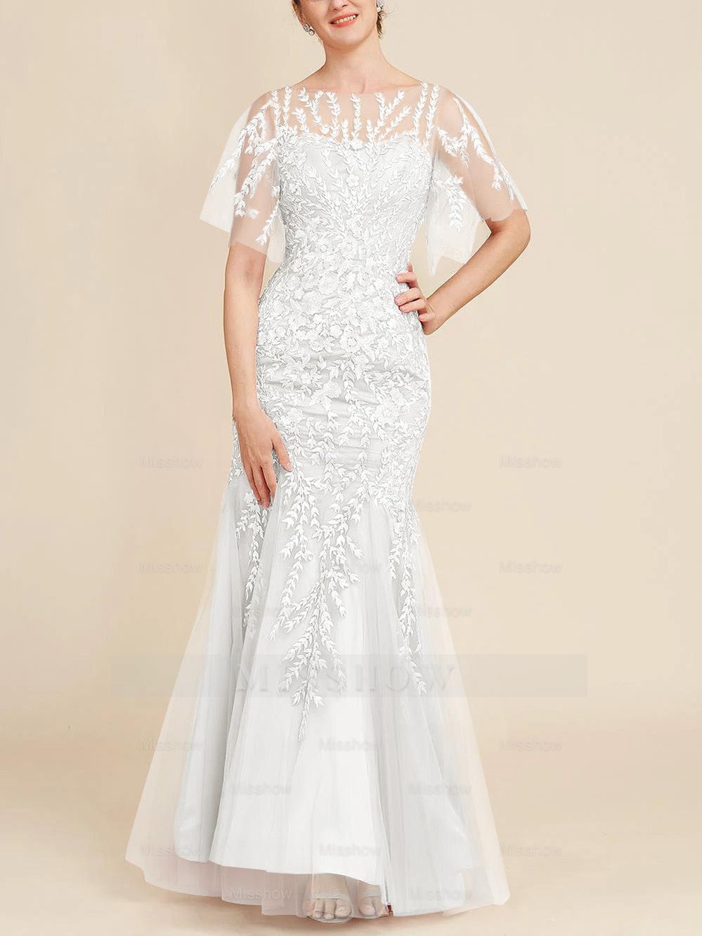 Floor-Length Mother of the Bride Lace Dresses with Trumpet/Mermaid Scoop Half Sleeves