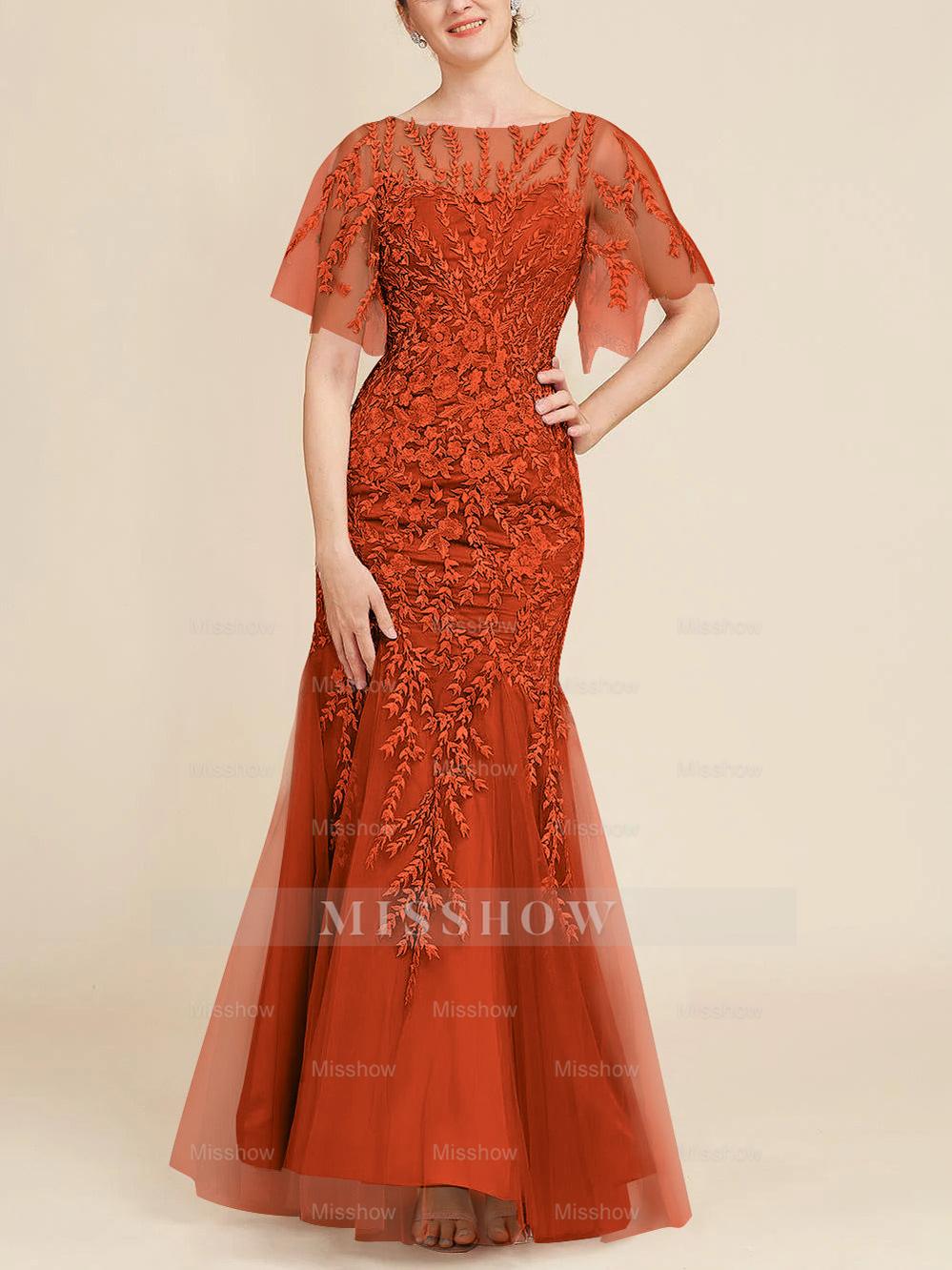 Floor-Length Mother of the Bride Lace Dresses with Trumpet/Mermaid Scoop Half Sleeves