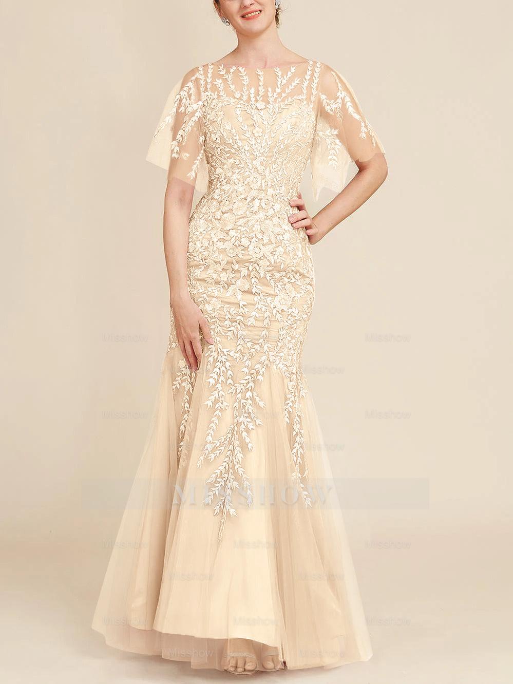 Floor-Length Mother of the Bride Lace Dresses with Trumpet/Mermaid Scoop Half Sleeves