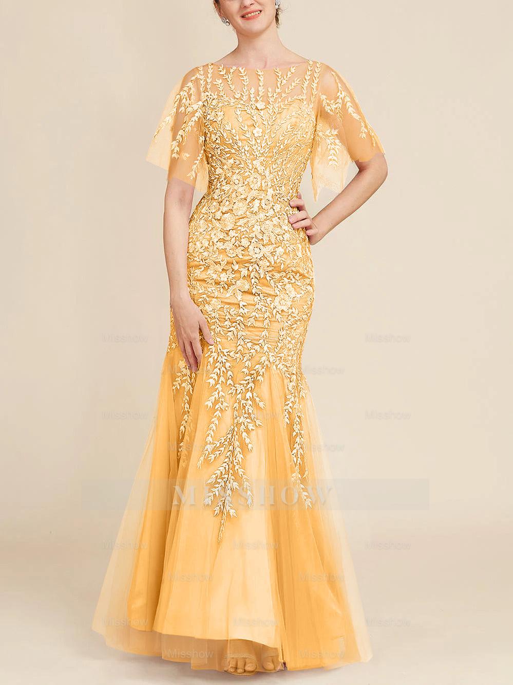 Floor-Length Mother of the Bride Lace Dresses with Trumpet/Mermaid Scoop Half Sleeves