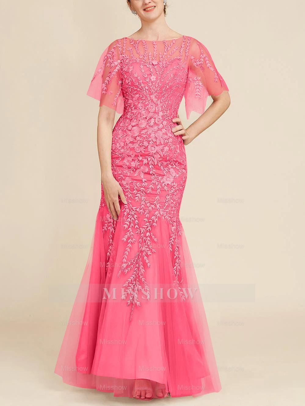 Floor-Length Mother of the Bride Lace Dresses with Trumpet/Mermaid Scoop Half Sleeves