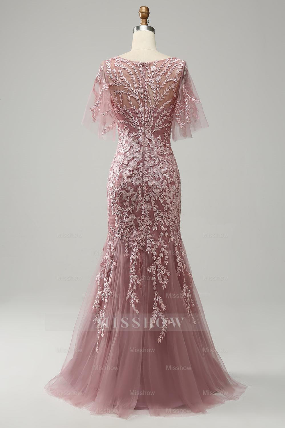 Floor-Length Mother of the Bride Lace Dresses with Trumpet/Mermaid Scoop Half Sleeves