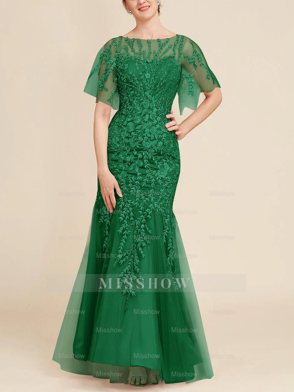 Floor-Length Mother of the Bride Lace Dresses with Trumpet/Mermaid Scoop Half Sleeves