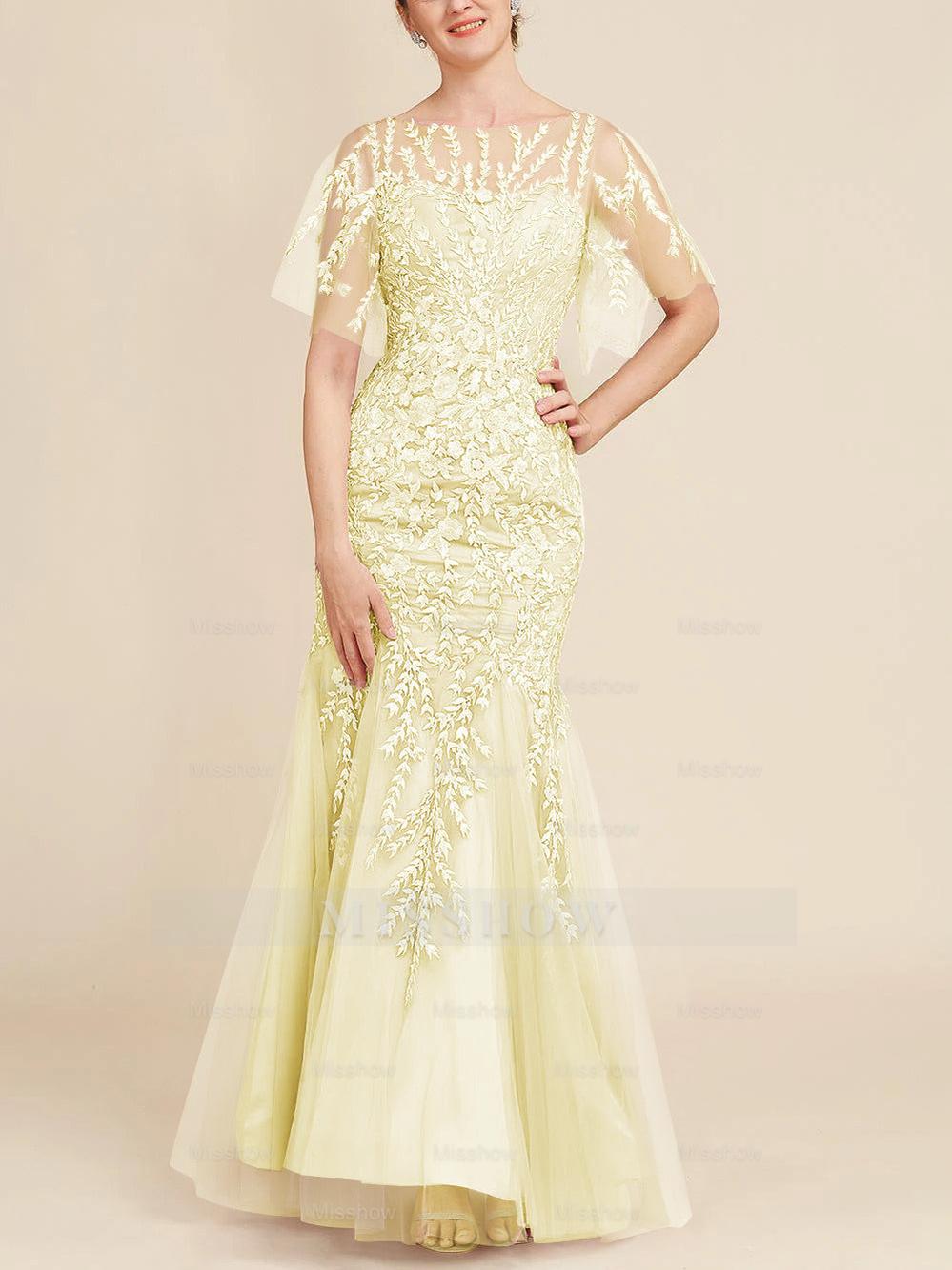 Floor-Length Mother of the Bride Lace Dresses with Trumpet/Mermaid Scoop Half Sleeves