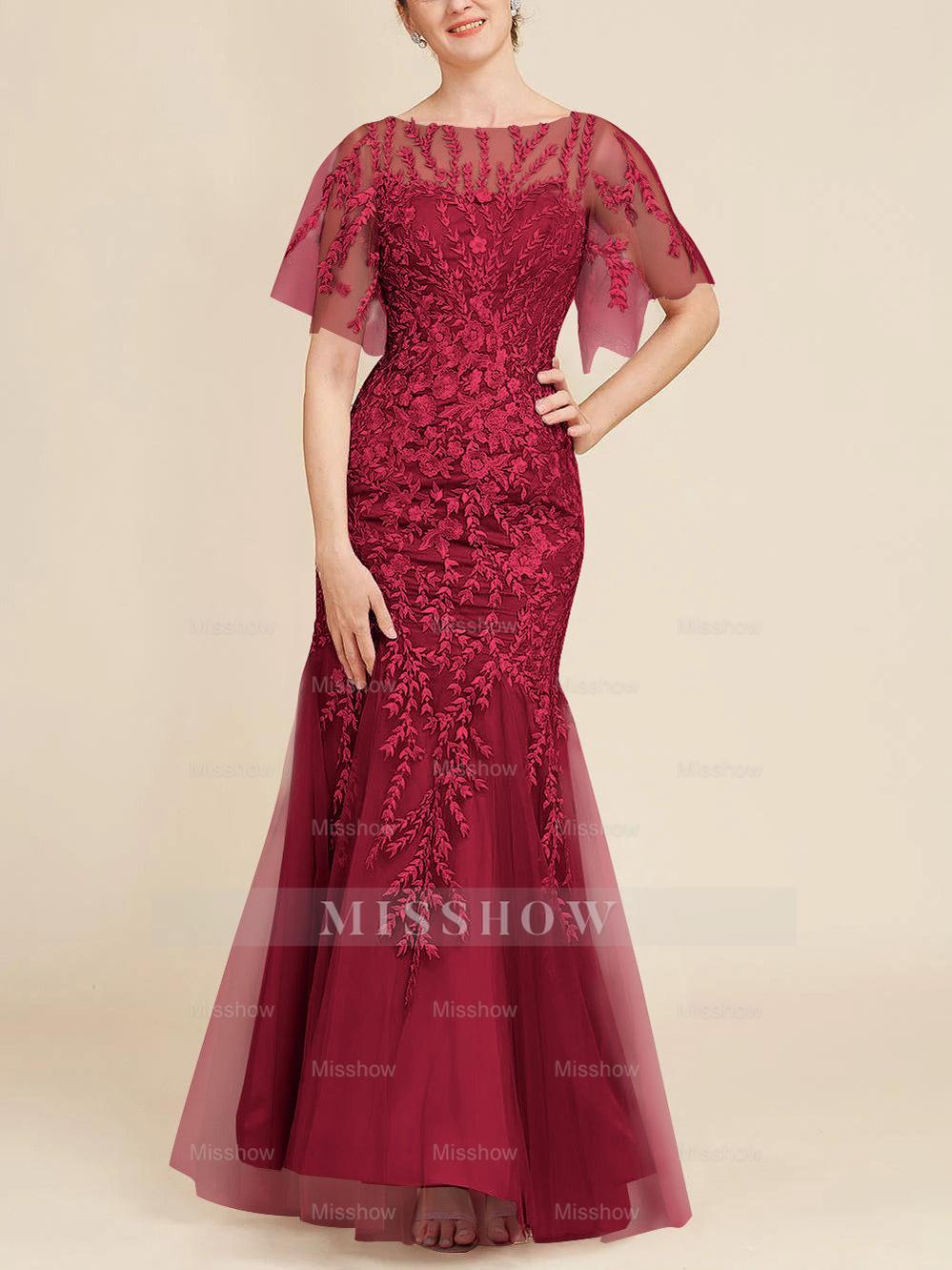 Floor-Length Mother of the Bride Lace Dresses with Trumpet/Mermaid Scoop Half Sleeves