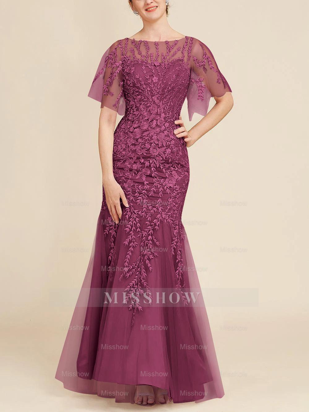 Floor-Length Mother of the Bride Lace Dresses with Trumpet/Mermaid Scoop Half Sleeves