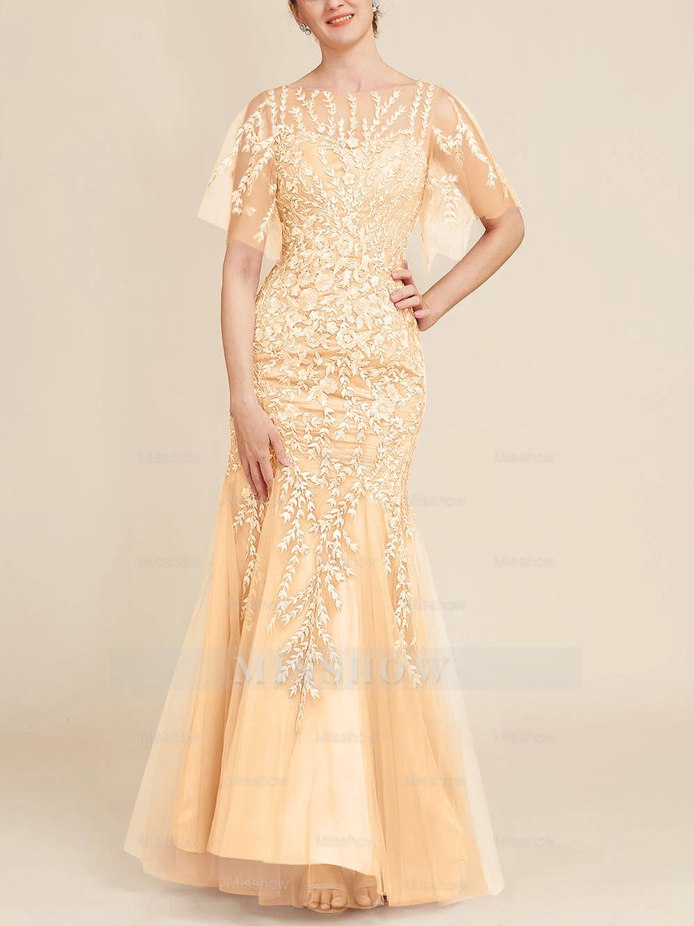 Floor-Length Mother of the Bride Lace Dresses with Trumpet/Mermaid Scoop Half Sleeves
