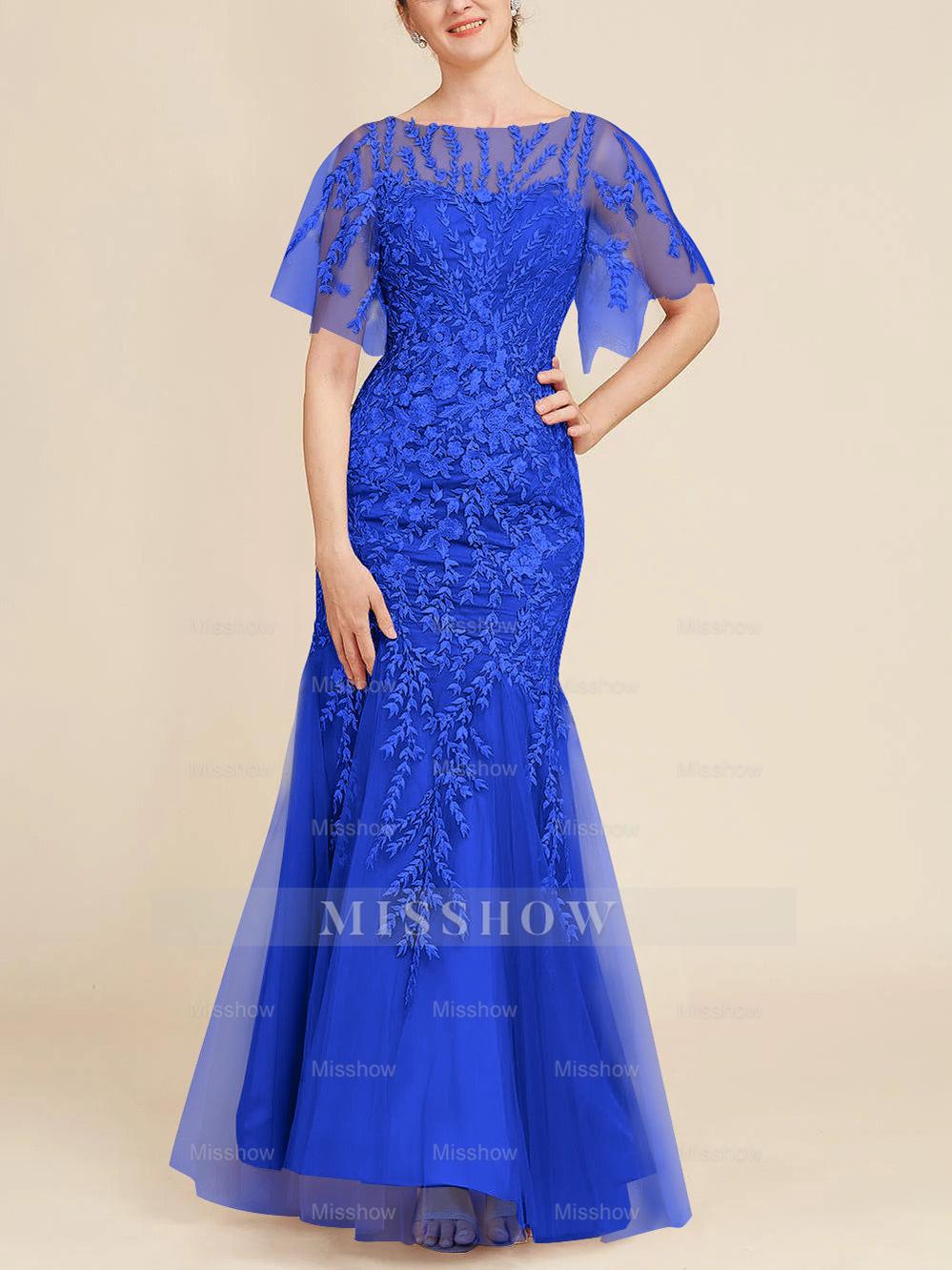 Floor-Length Mother of the Bride Lace Dresses with Trumpet/Mermaid Scoop Half Sleeves