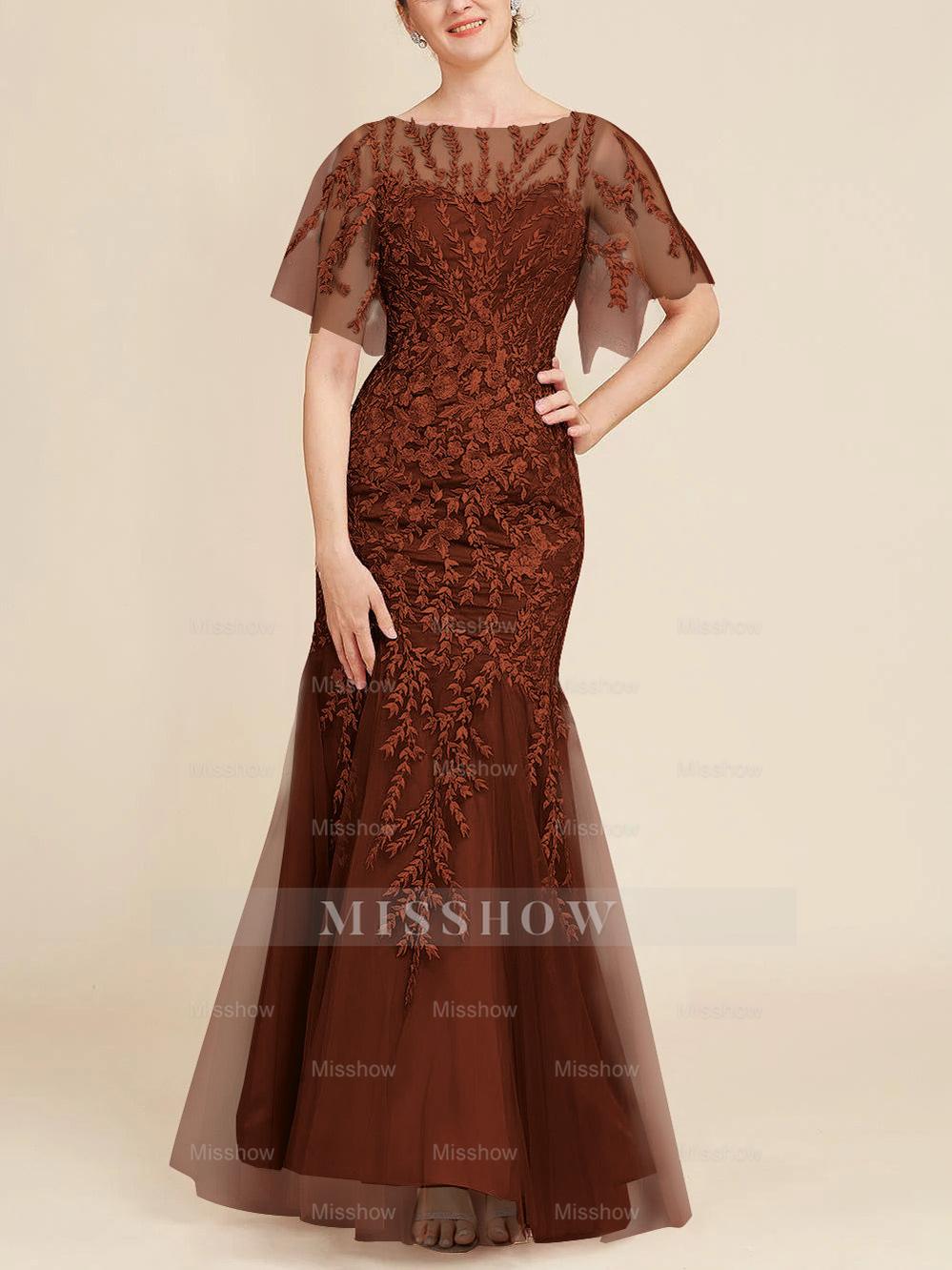 Floor-Length Mother of the Bride Lace Dresses with Trumpet/Mermaid Scoop Half Sleeves