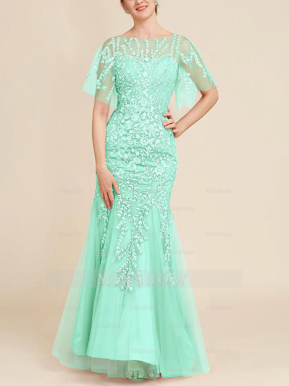 Floor-Length Mother of the Bride Lace Dresses with Trumpet/Mermaid Scoop Half Sleeves