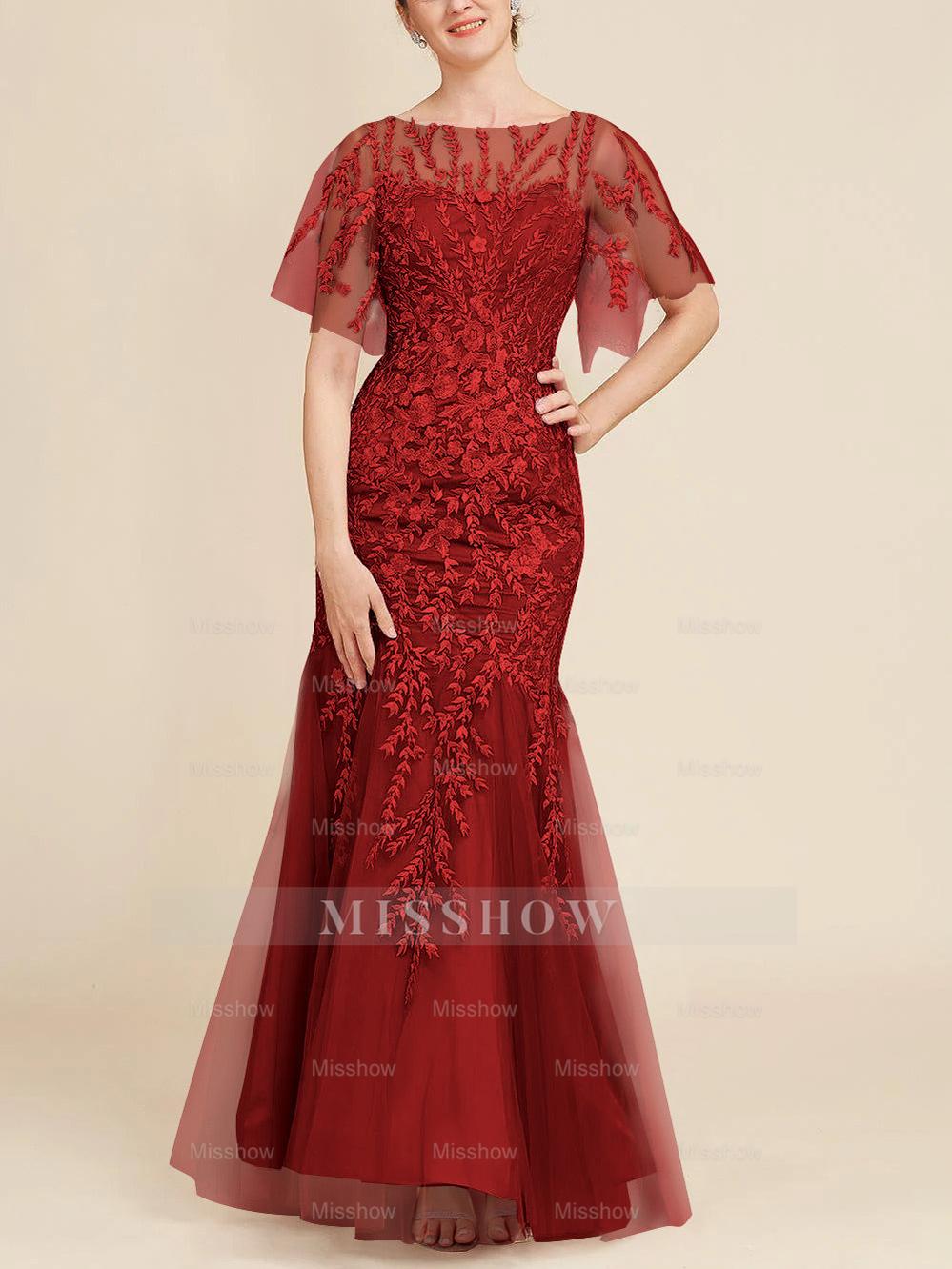 Floor-Length Mother of the Bride Lace Dresses with Trumpet/Mermaid Scoop Half Sleeves