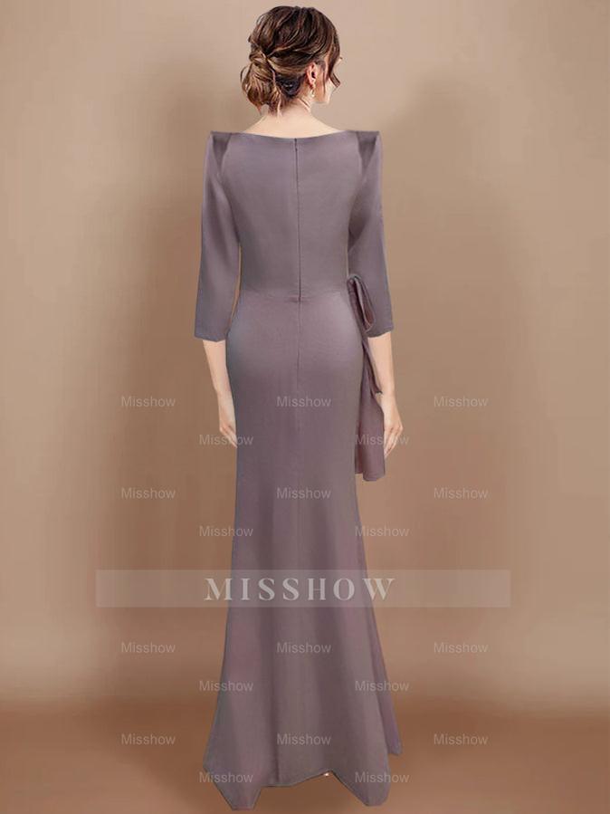 Floor-Length Plus Size Mother of the Bride Dress with Bow and 3/4 Sleeves