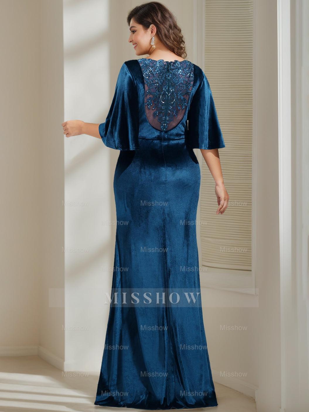 Floor-Length Plus Size Velvet Mother of the Bride Dress with Scoop Neck Half Sleeves Beading Appliques & Sequins