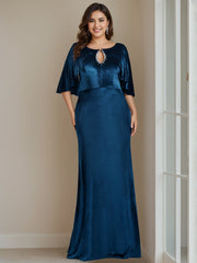 Floor-Length Plus Size Velvet Mother of the Bride Dress with Scoop Neck Half Sleeves Beading Appliques & Sequins