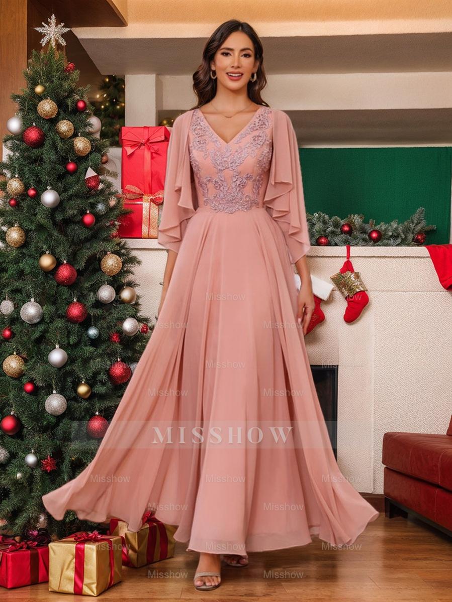 Floor-Length Princess V-Neck Mother of the Bride A-Line Dress with Appliques & Wrap in 2 Pics