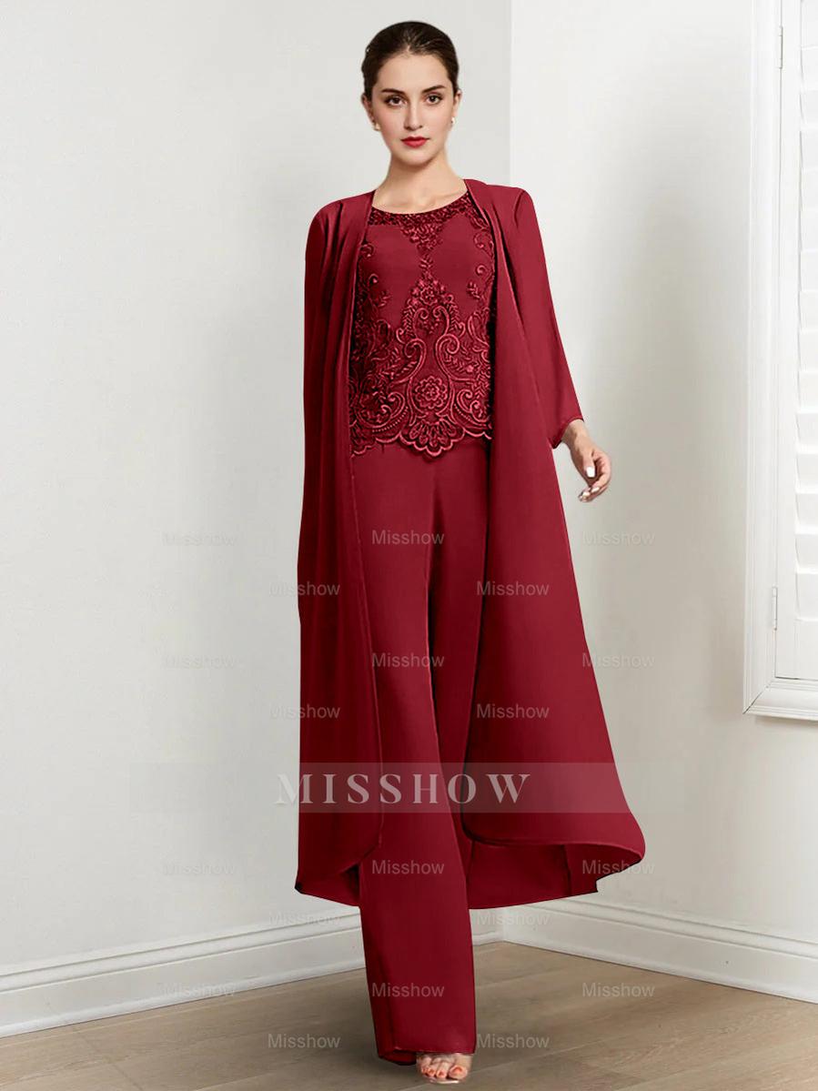 Floor-Length Round Neck Chiffon Pantsuits For The Mother Of The Bride With Jacket And Applique