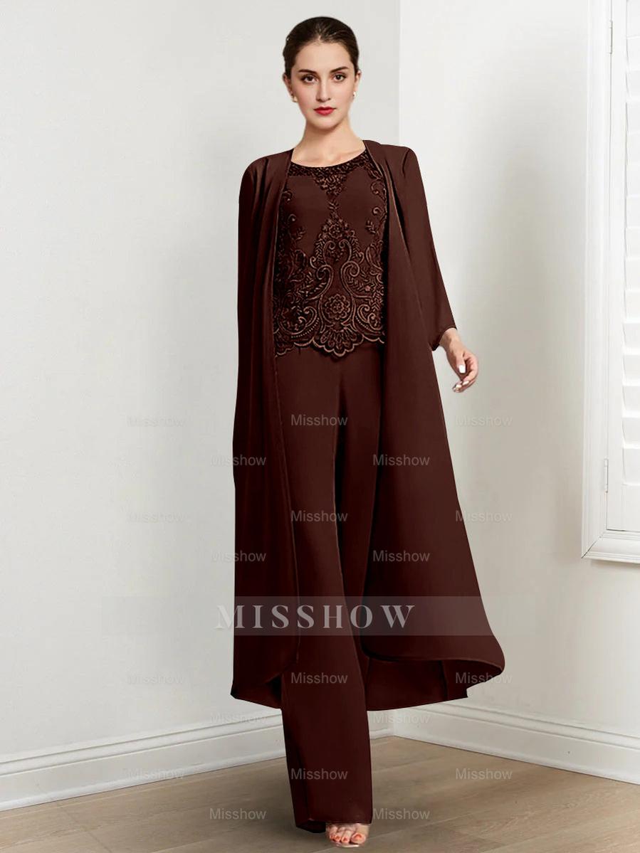 Floor-Length Round Neck Chiffon Pantsuits For The Mother Of The Bride With Jacket And Applique