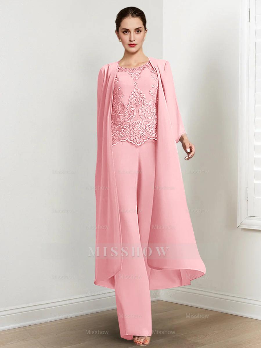Floor-Length Round Neck Chiffon Pantsuits For The Mother Of The Bride With Jacket And Applique