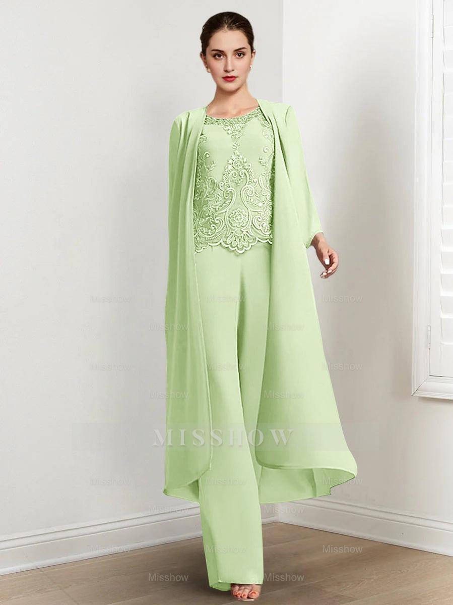 Floor-Length Round Neck Chiffon Pantsuits For The Mother Of The Bride With Jacket And Applique