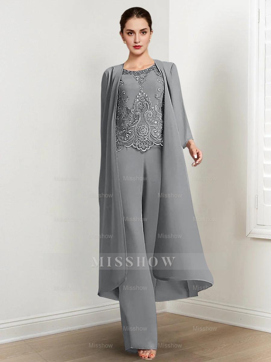 Floor-Length Round Neck Chiffon Pantsuits For The Mother Of The Bride With Jacket And Applique