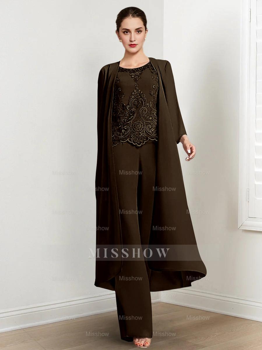 Floor-Length Round Neck Chiffon Pantsuits For The Mother Of The Bride With Jacket And Applique