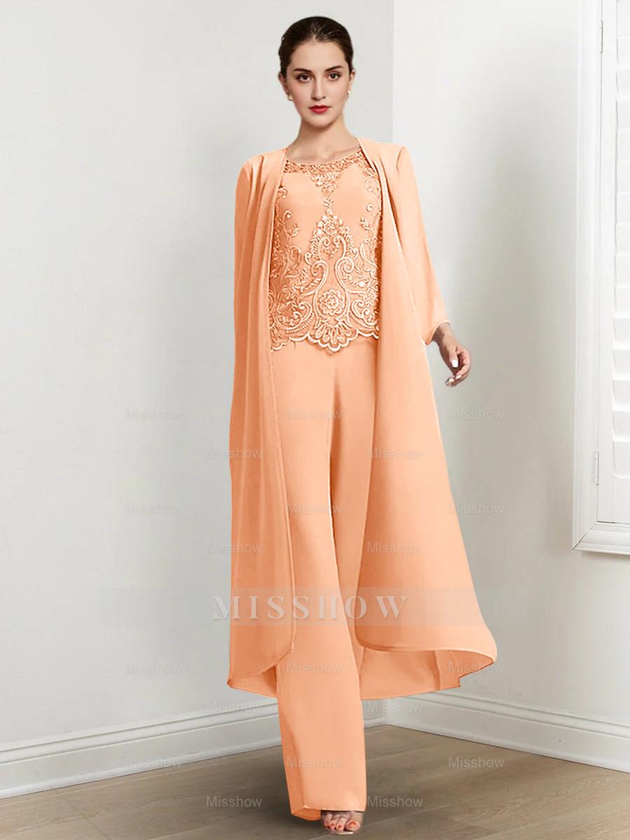 Floor-Length Round Neck Chiffon Pantsuits For The Mother Of The Bride With Jacket And Applique