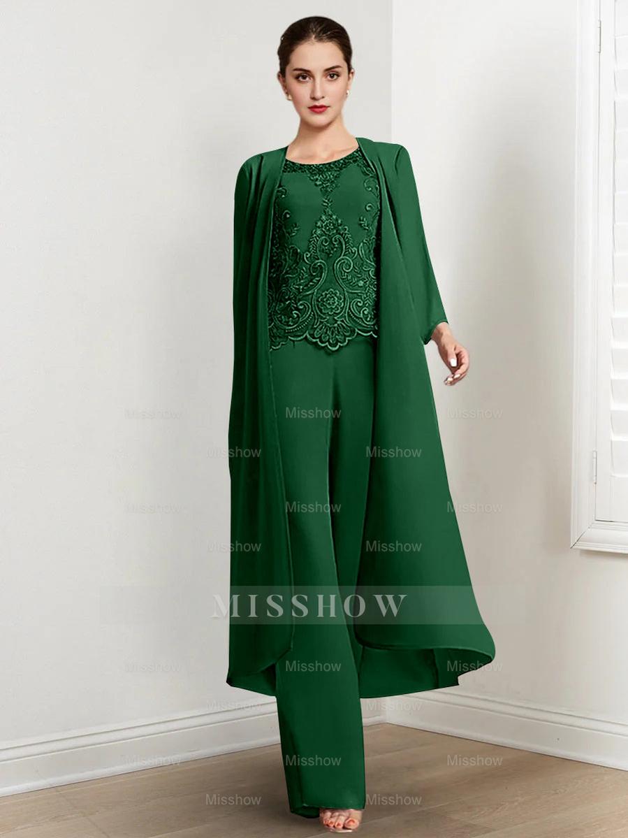 Floor-Length Round Neck Chiffon Pantsuits For The Mother Of The Bride With Jacket And Applique