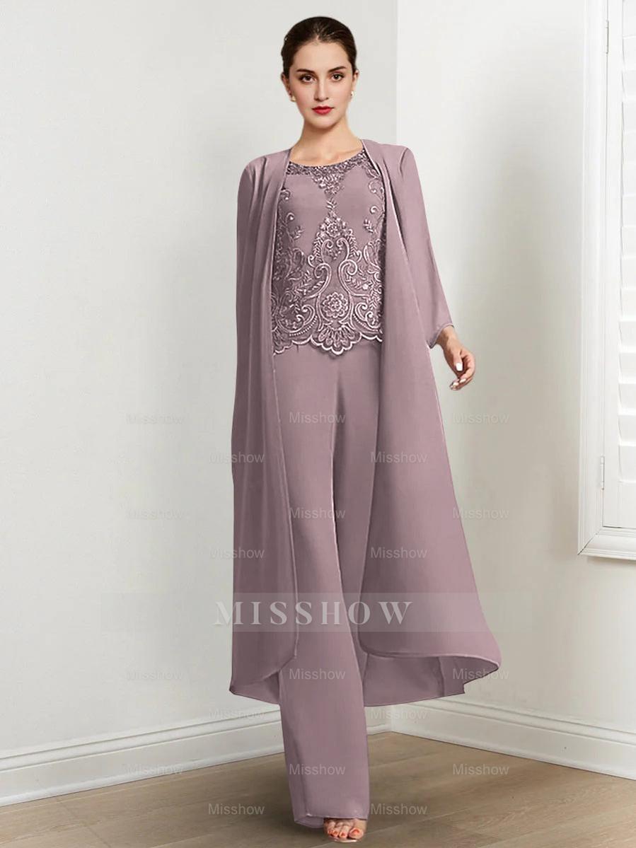 Floor-Length Round Neck Chiffon Pantsuits For The Mother Of The Bride With Jacket And Applique