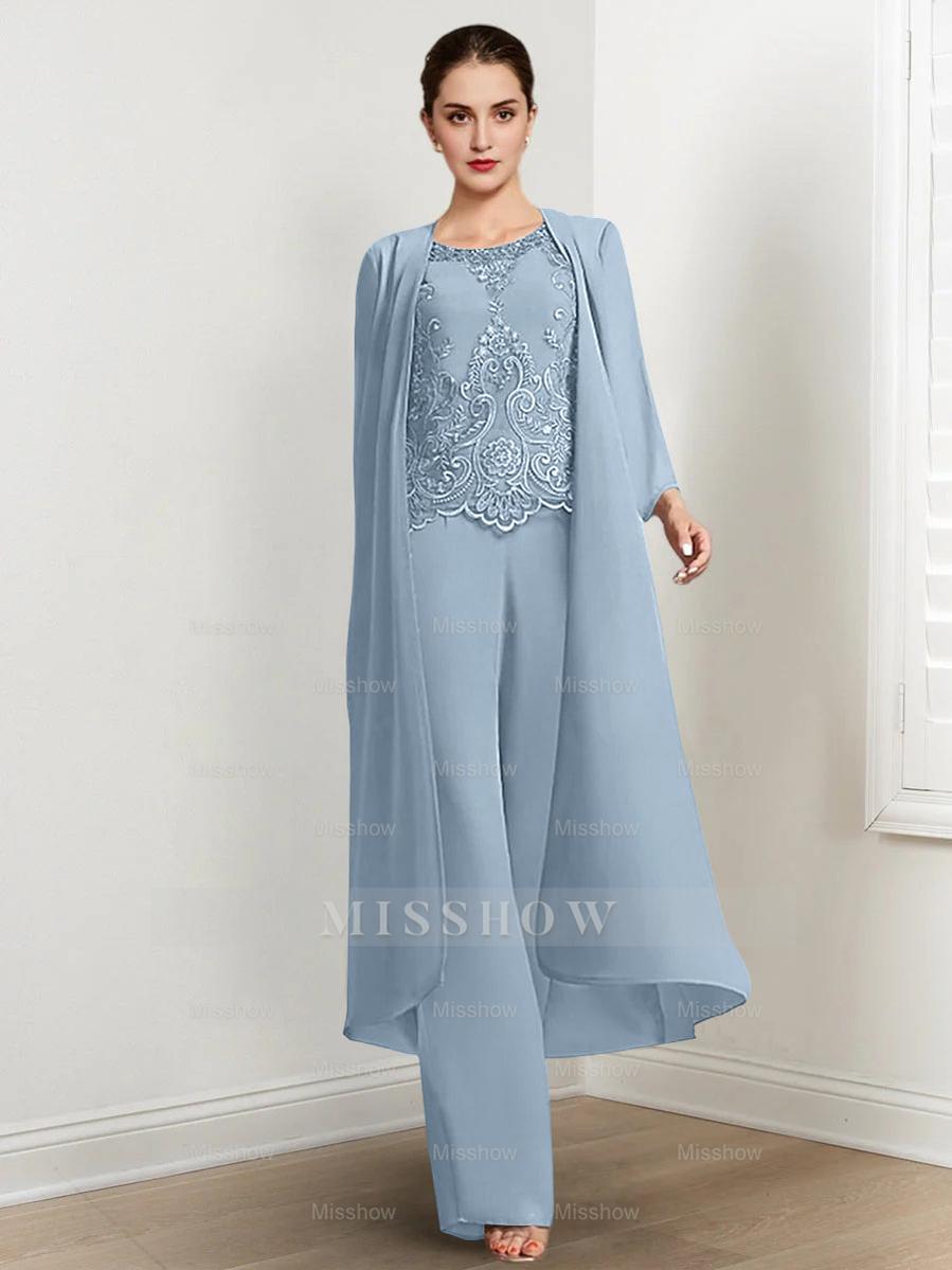 Floor-Length Round Neck Chiffon Pantsuits For The Mother Of The Bride With Jacket And Applique