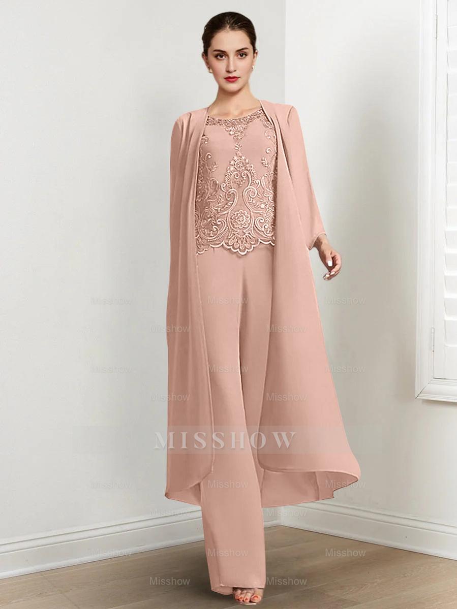 Floor-Length Round Neck Chiffon Pantsuits For The Mother Of The Bride With Jacket And Applique
