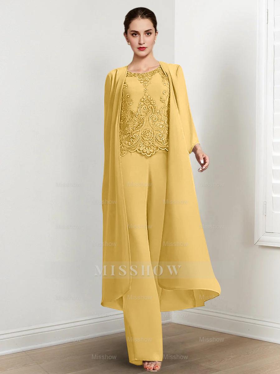 Floor-Length Round Neck Chiffon Pantsuits For The Mother Of The Bride With Jacket And Applique