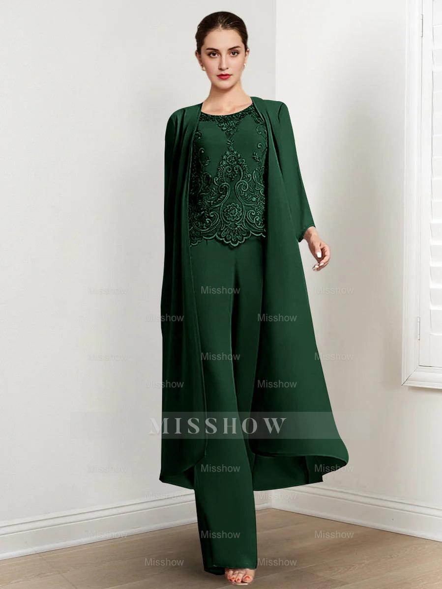 Floor-Length Round Neck Chiffon Pantsuits For The Mother Of The Bride With Jacket And Applique