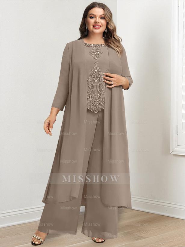 Floor-Length Round Neck Chiffon Pantsuits For The Mother Of The Bride With Jacket And Applique