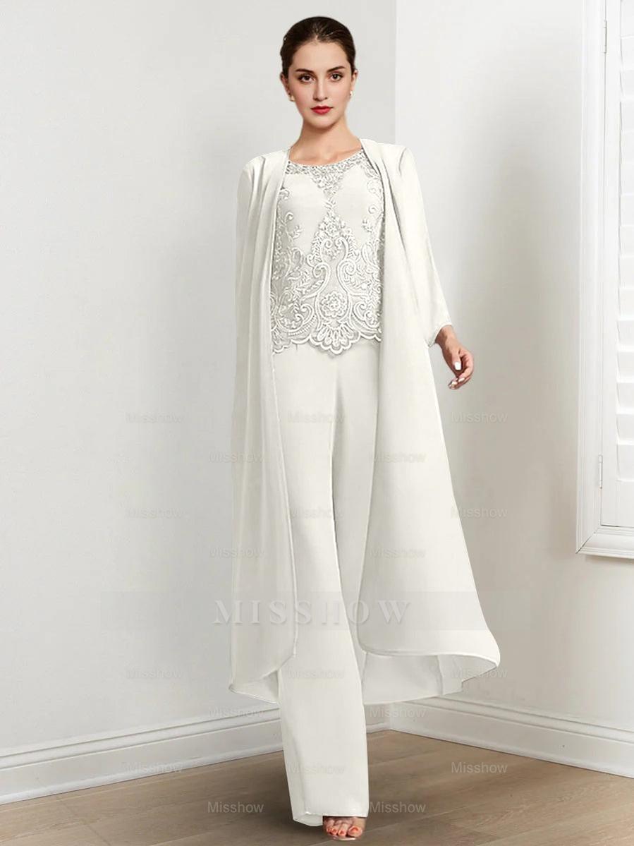 Floor-Length Round Neck Chiffon Pantsuits For The Mother Of The Bride With Jacket And Applique