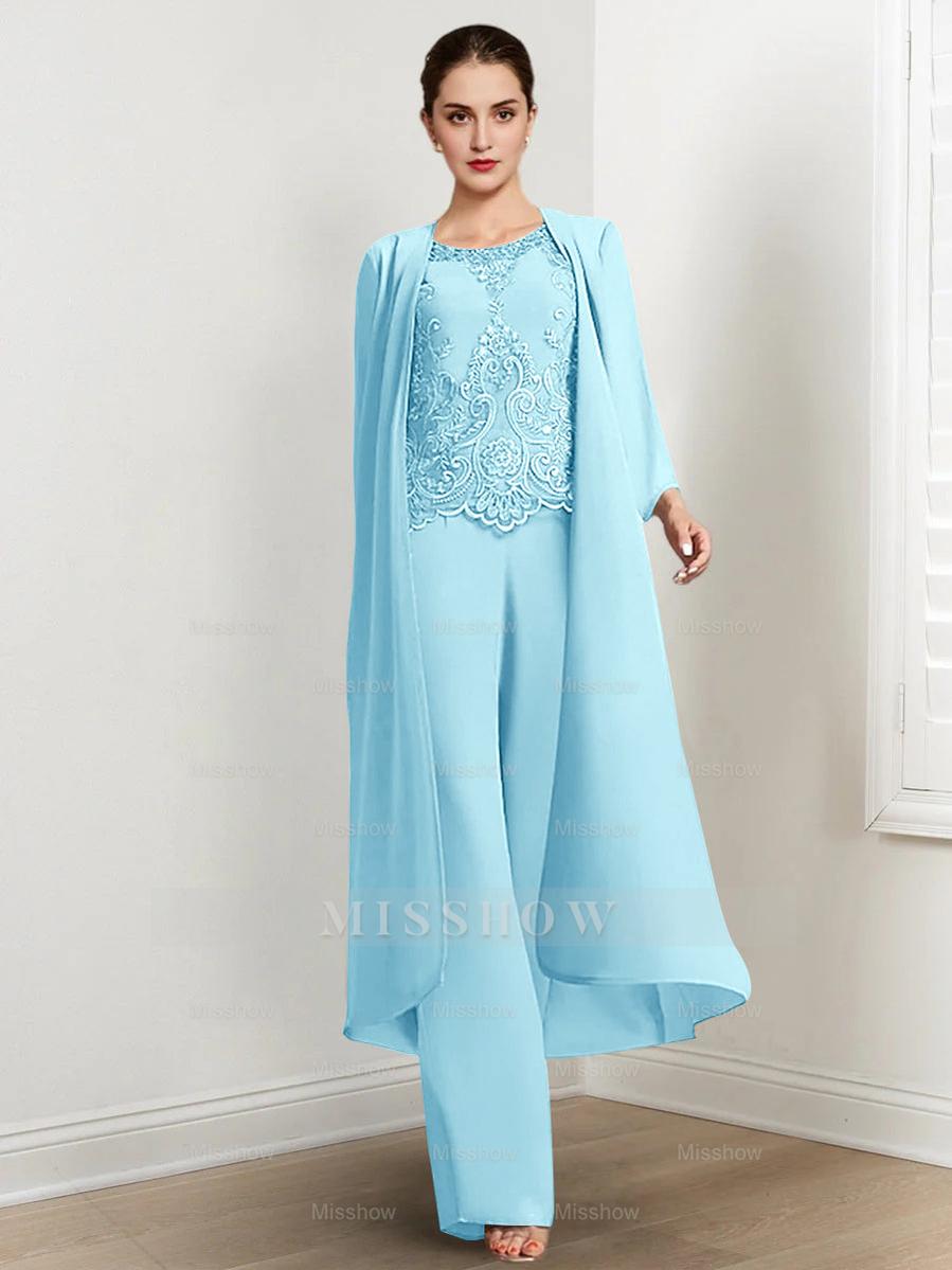 Floor-Length Round Neck Chiffon Pantsuits For The Mother Of The Bride With Jacket And Applique