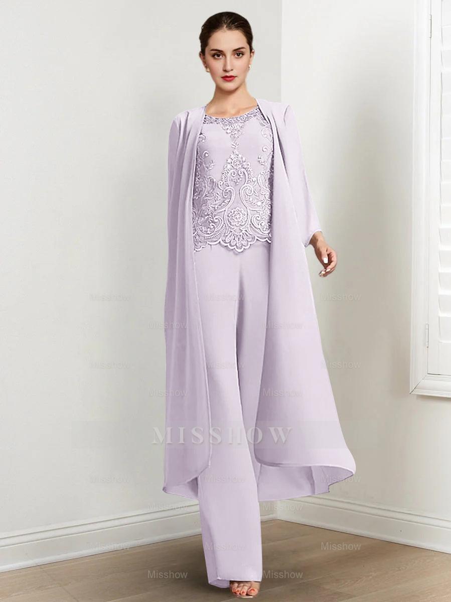 Floor-Length Round Neck Chiffon Pantsuits For The Mother Of The Bride With Jacket And Applique