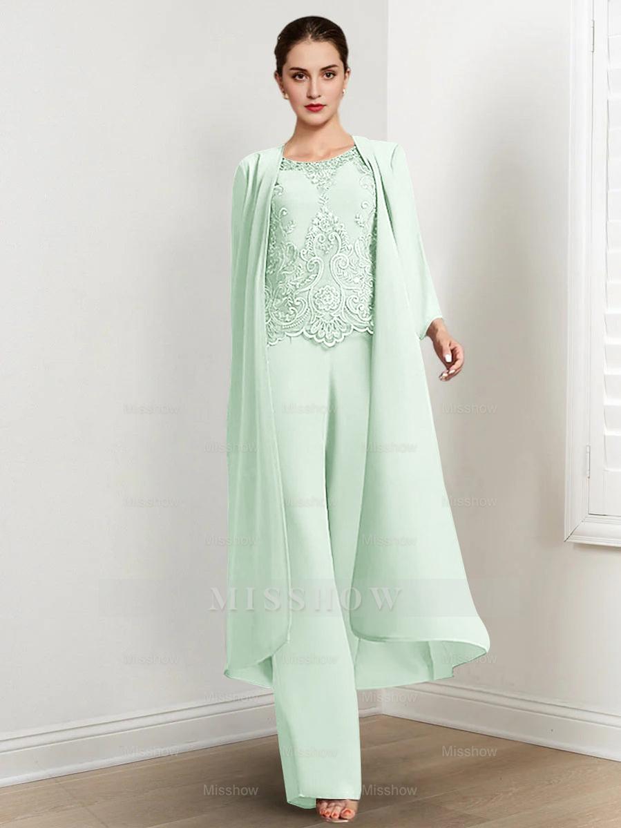 Floor-Length Round Neck Chiffon Pantsuits For The Mother Of The Bride With Jacket And Applique