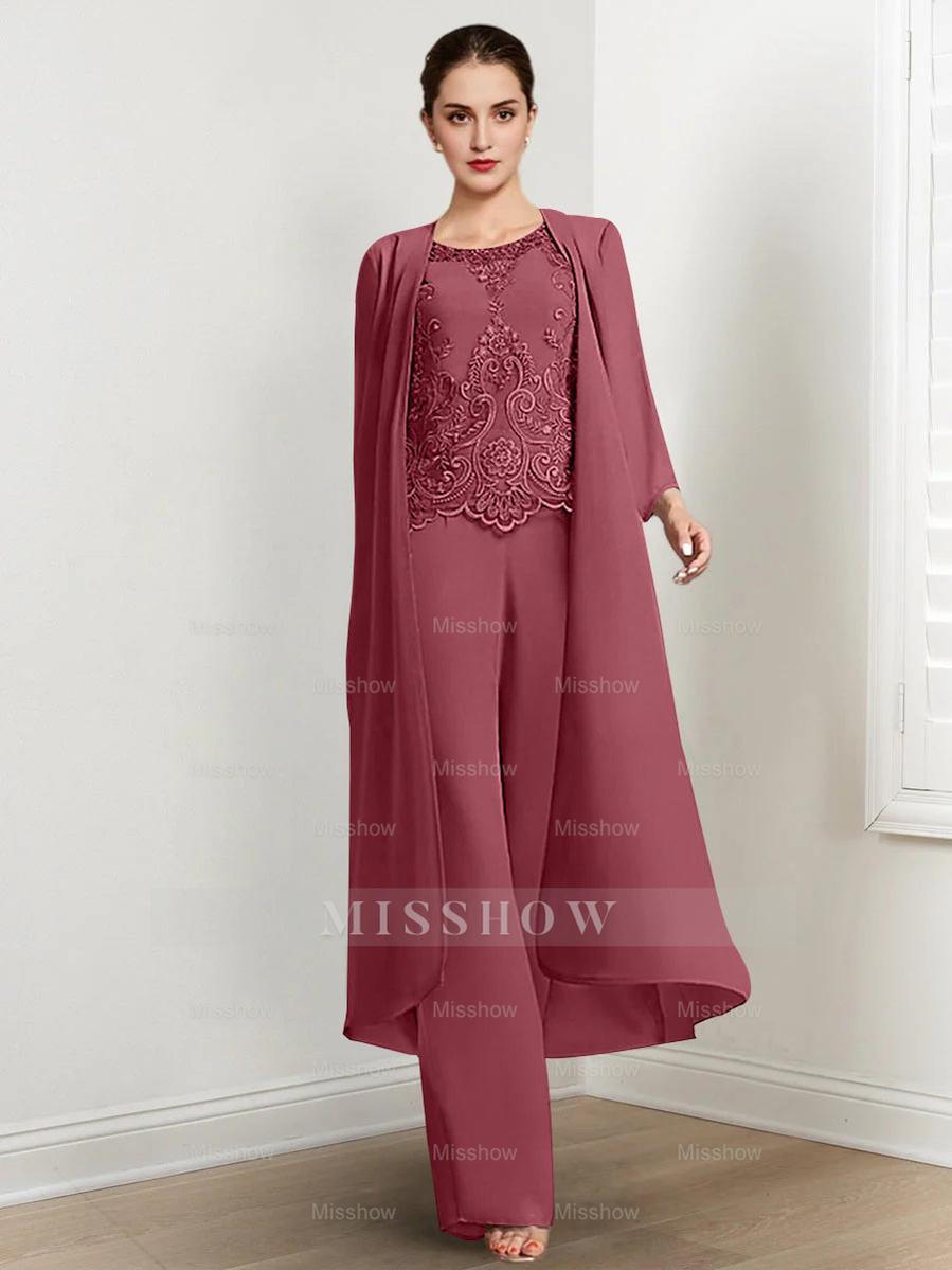 Floor-Length Round Neck Chiffon Pantsuits For The Mother Of The Bride With Jacket And Applique