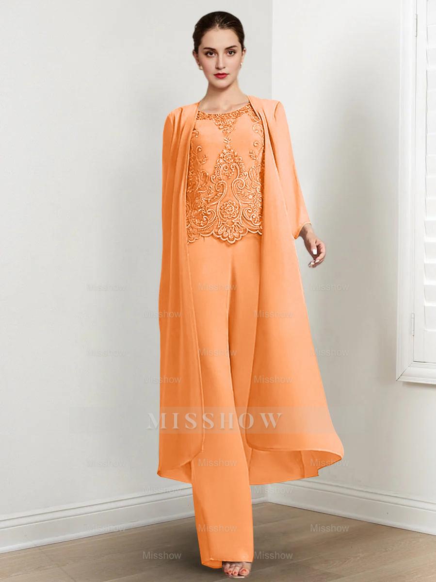 Floor-Length Round Neck Chiffon Pantsuits For The Mother Of The Bride With Jacket And Applique