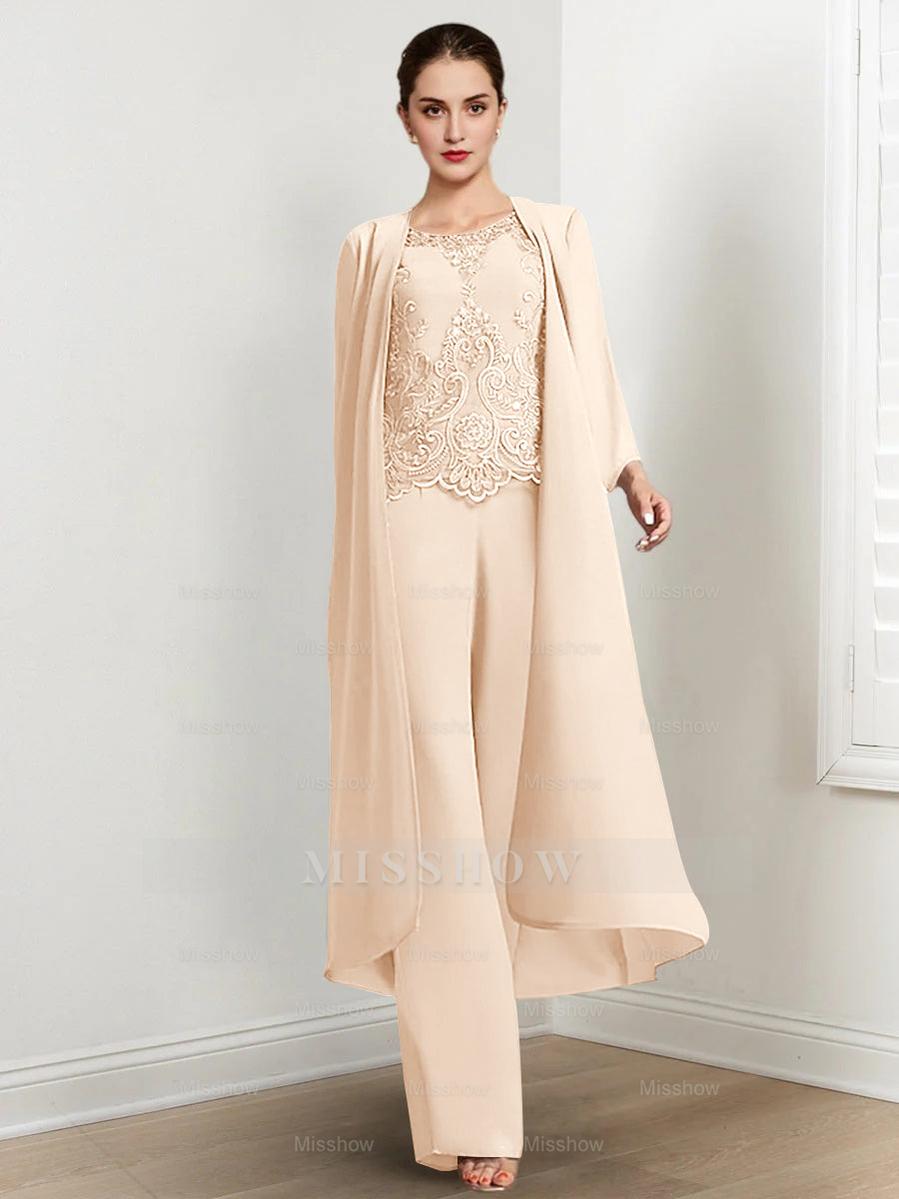 Floor-Length Round Neck Chiffon Pantsuits For The Mother Of The Bride With Jacket And Applique