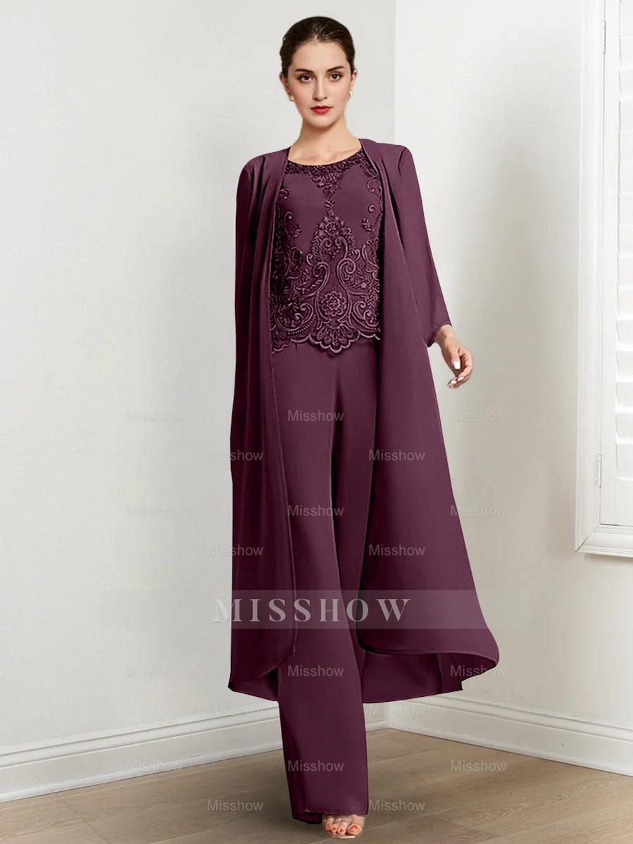 Floor-Length Round Neck Chiffon Pantsuits For The Mother Of The Bride With Jacket And Applique