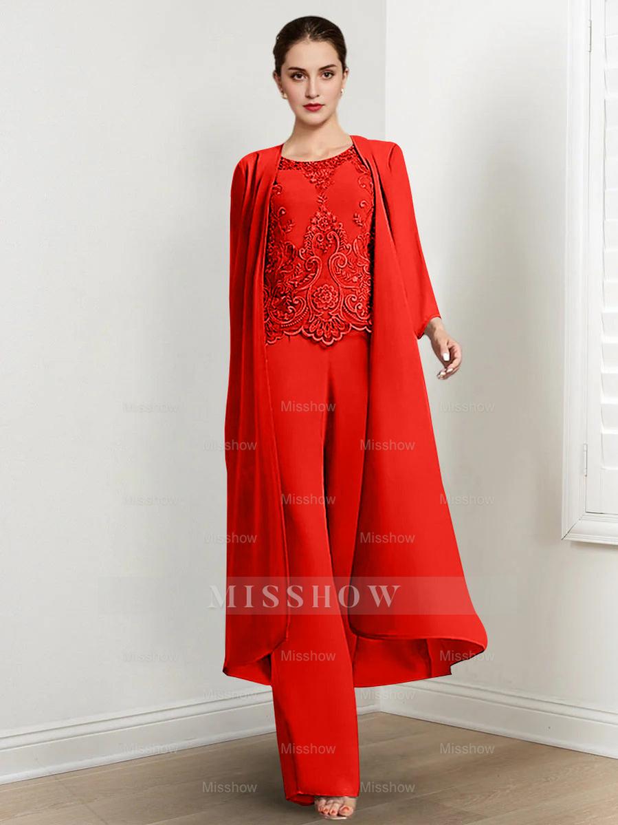 Floor-Length Round Neck Chiffon Pantsuits For The Mother Of The Bride With Jacket And Applique