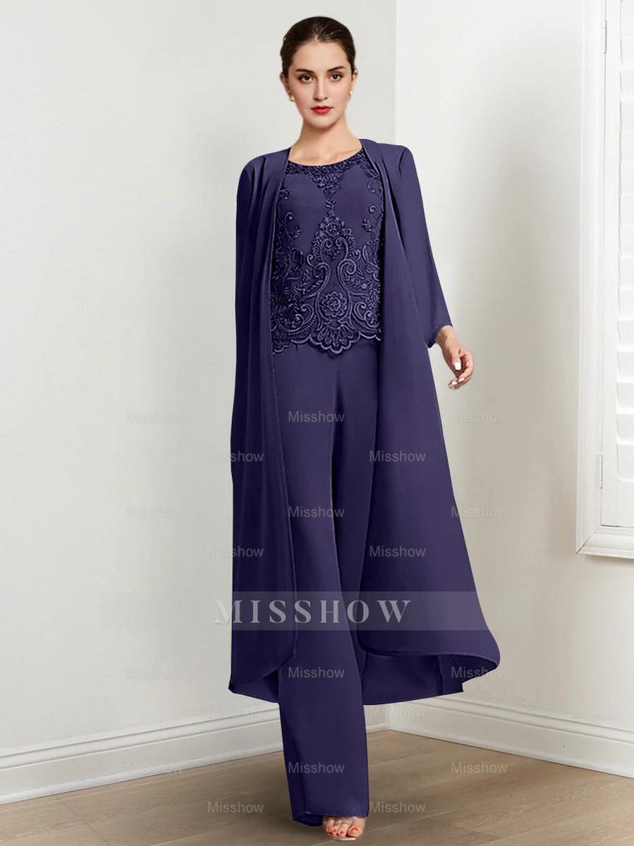 Floor-Length Round Neck Chiffon Pantsuits For The Mother Of The Bride With Jacket And Applique