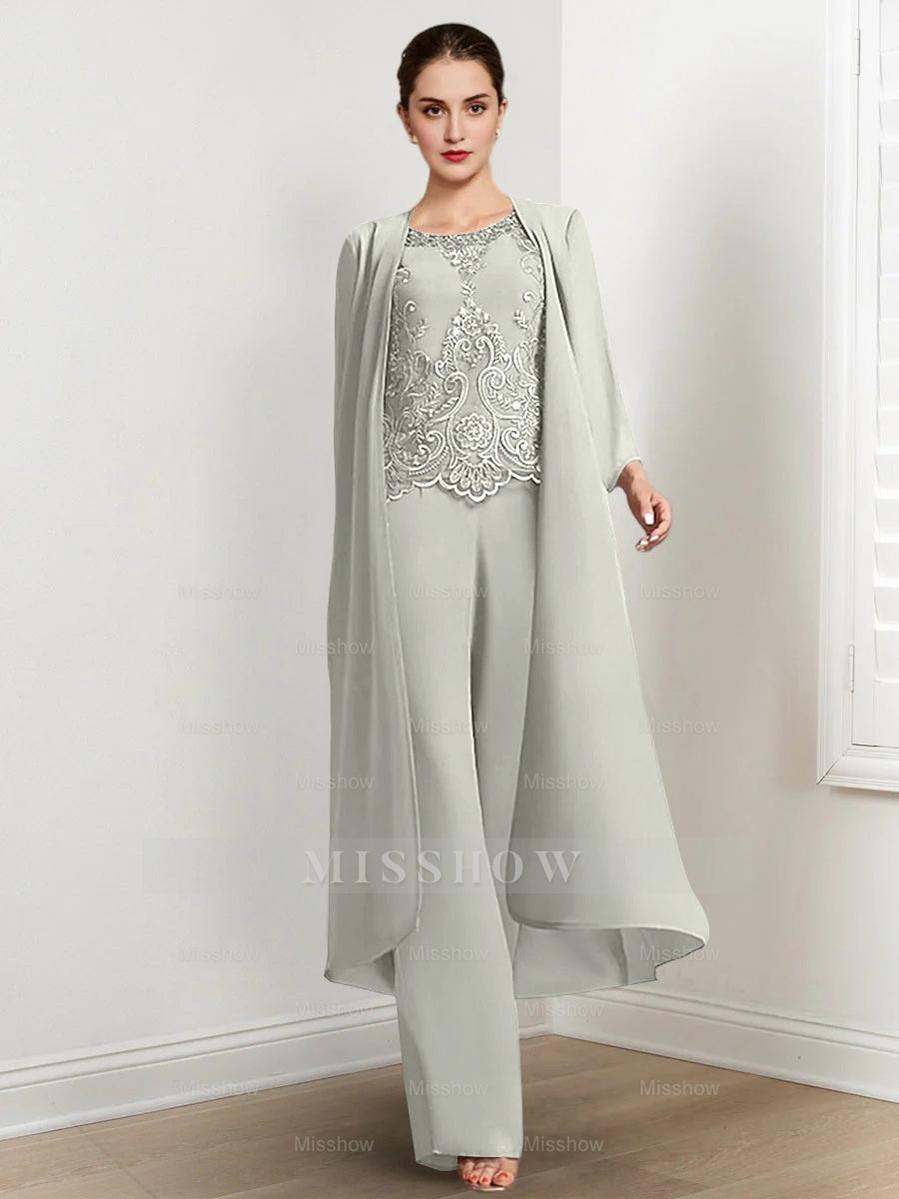 Floor-Length Round Neck Chiffon Pantsuits For The Mother Of The Bride With Jacket And Applique