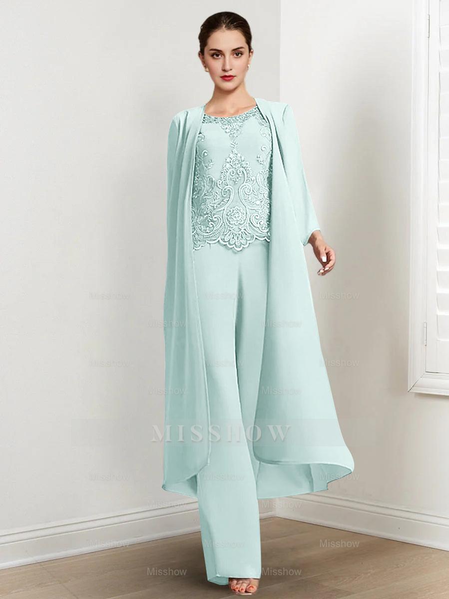 Floor-Length Round Neck Chiffon Pantsuits For The Mother Of The Bride With Jacket And Applique